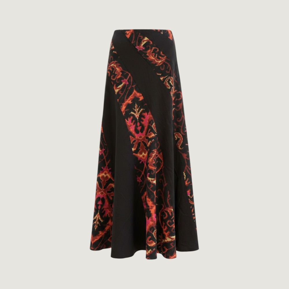 Vintage Boho Patchwork Ikat Maxi Skirt Black Orange Pink A-Line Long Skirt